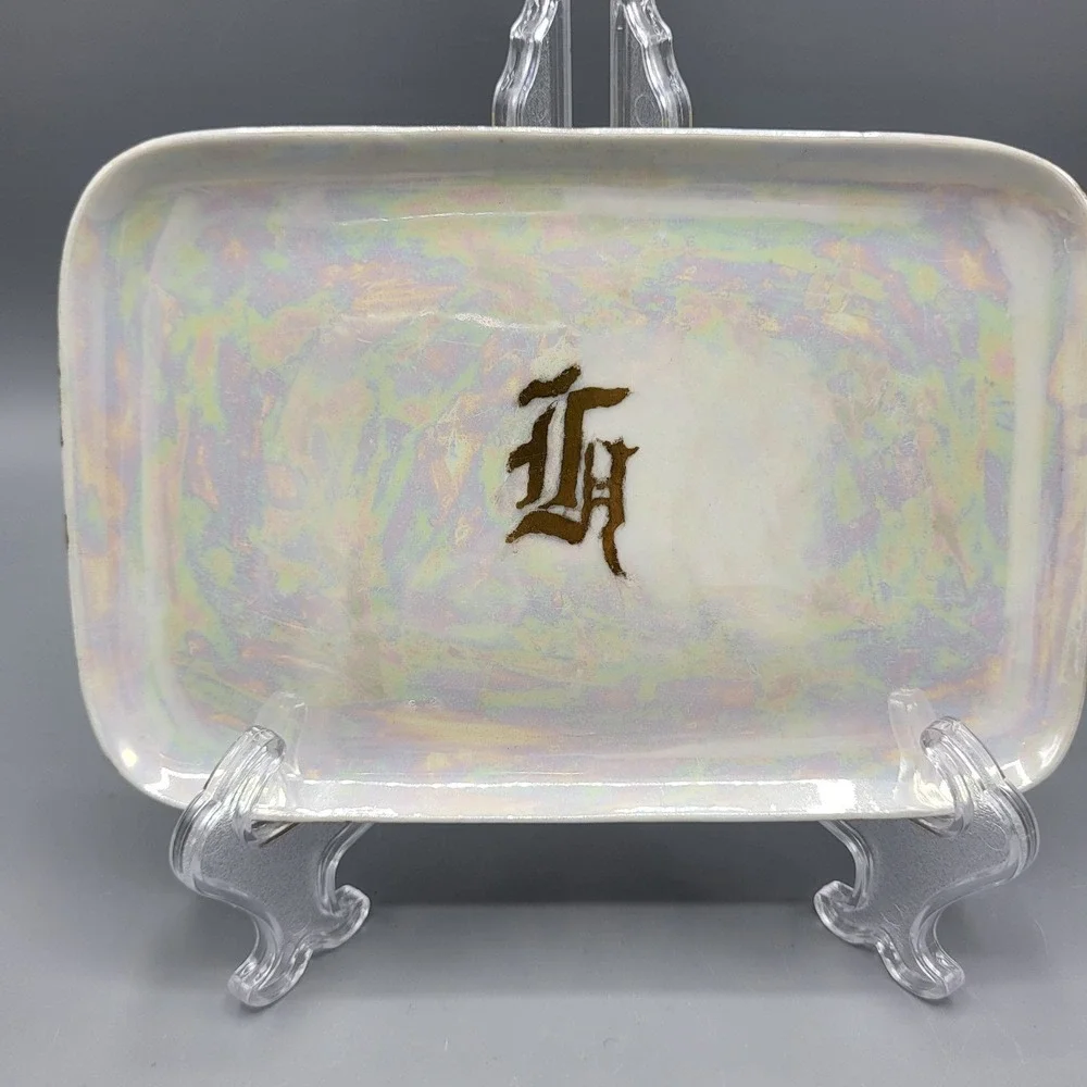 Vintage Limoges Trinket Dish Iridescent Gold Monogram Luster Tray White 6.75x4.5